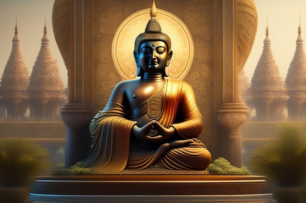 A statue of buddha with a golden halo