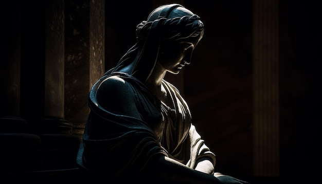 A statue of a woman in a dark room