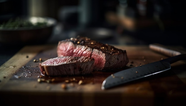 Free photo a steak on a cutting board with a knife next to it