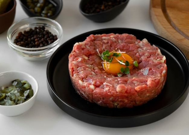 無料写真 牛肉とその他の食材を使ったタルタルステーキ皿