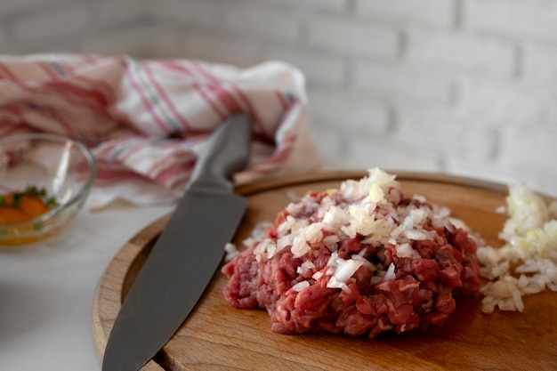 Steak tartar dish with beef and other ingredients