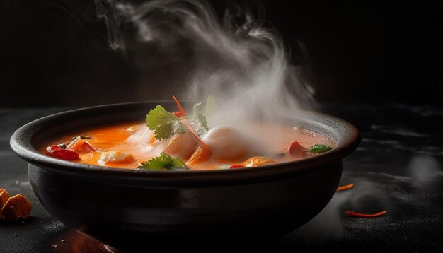 Steam rises from homemade vegetable soup on wood generated by AI