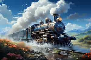 Free photo steam train on railroad illustration