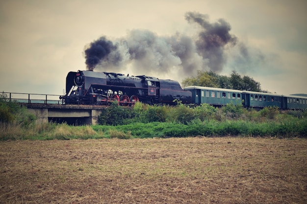 "Steam train riding railroad"