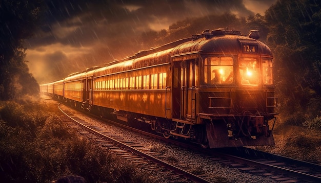 Foto gratuita il treno a vapore sfreccia attraverso uno scenario rurale al tramonto generato dall'intelligenza artificiale