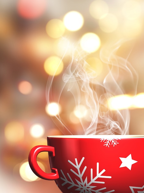 Foto gratuita 3d rendering di una fumante tazza di natale su fondo luci bokeh