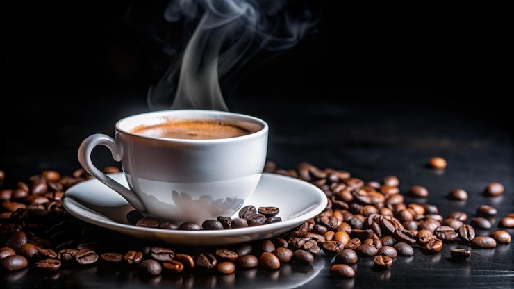 Steaming cup of coffee on a saucer with coffee beans scattered around