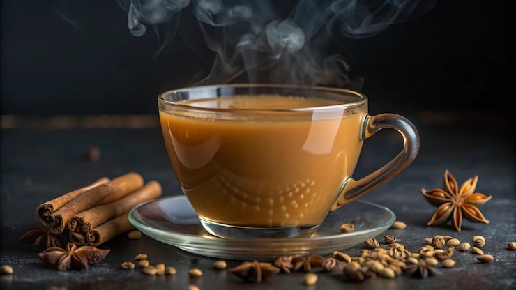 Free Photo a steaming cup of coffee with cinnamon sticks star anise and coffee beans on a dark background