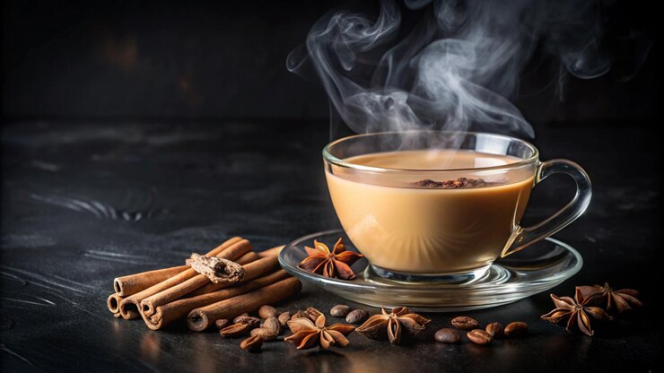 A steaming cup of masala chai with spices and coffee beans on a dark surface