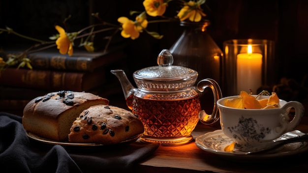 Free photo steaming cup of tea sits beside adding coziness to the scene