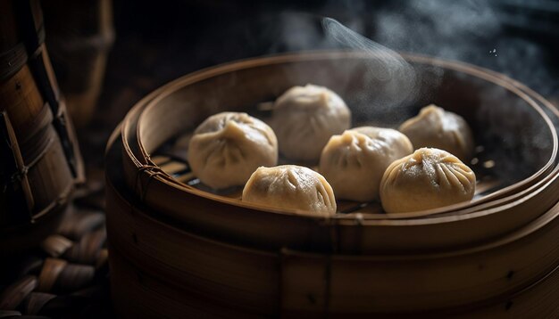 Steaming hot dim sum in bamboo basket generated by AI