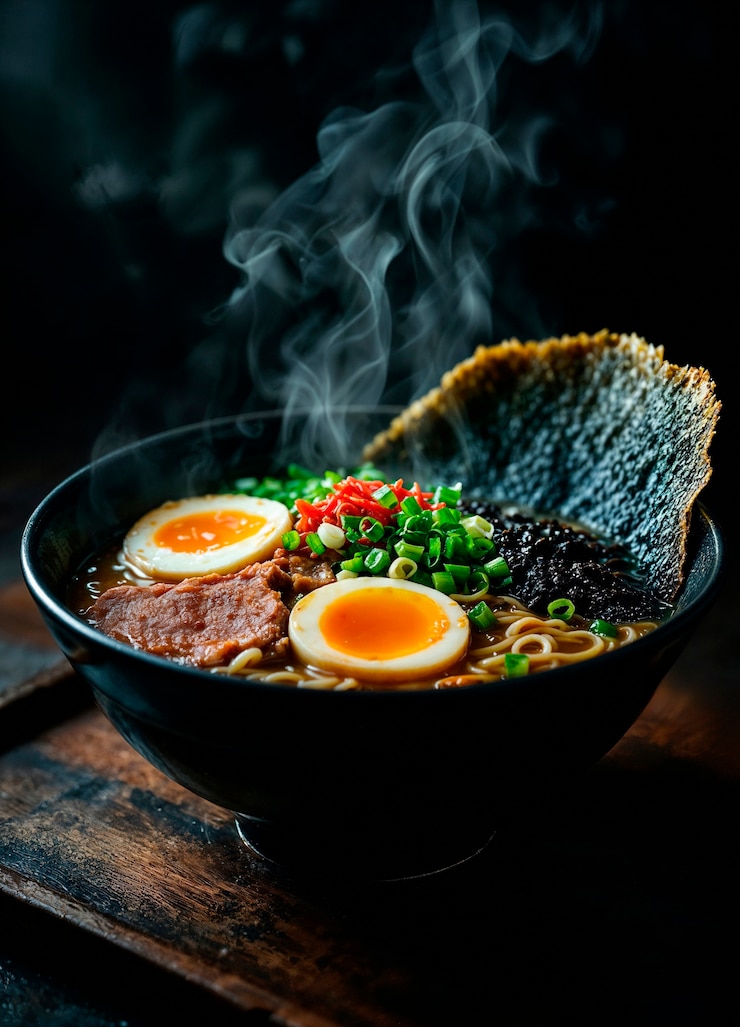 Free Photo steaming hot ramen bowl