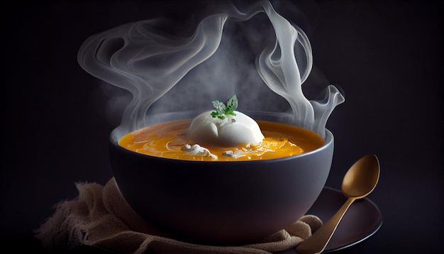 Дымящийся овощной суп в старинной посуде, созданный ИИ