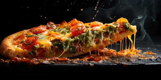 Free photo steamy slice of pizza with stringy cheese and fresh toppings is lifted high