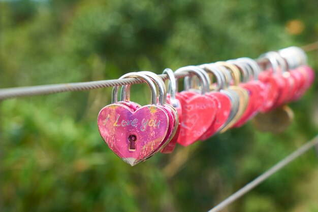 Steel cable with heart-shaped padlocks