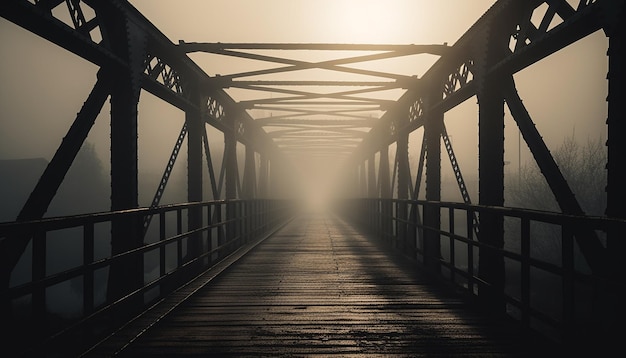 AI によって生成された日没時の静かな水に架かる鋼の歩道橋