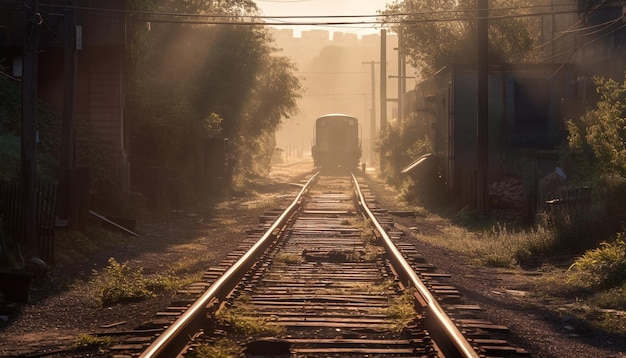 Foto gratuita la locomotiva d'acciaio sfreccia attraverso il paesaggio nebbioso della foresta generato dall'intelligenza artificiale