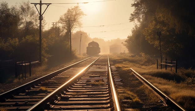 Steel locomotive speeds through vanishing point sunset generated by AI