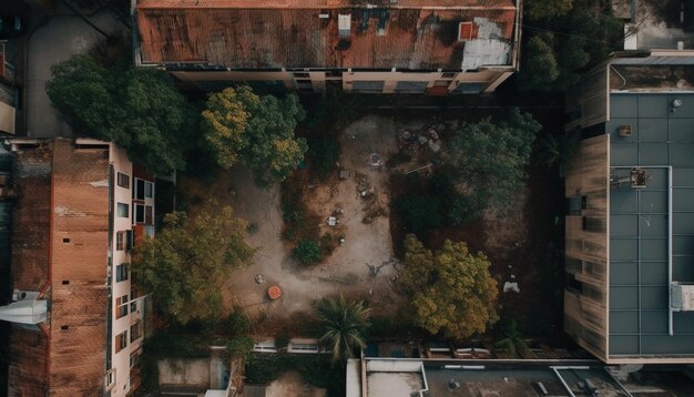 AI によって生成された、夕暮れ時の混雑した街路の上にそびえる鋼鉄の超高層ビル