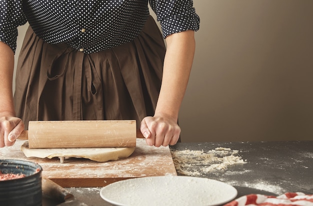 집에서 만든 만두, 라비올리 또는 라비올리 몰드 또는 라비올리 메이커를 사용하여 다진 고기로 채우는 펠 메니를 만드는 단계별 과정. 측면에 절연