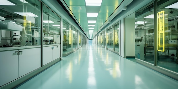 Стерильные коридоры высокотехнологичной лаборатории сияют под клиническим освещением