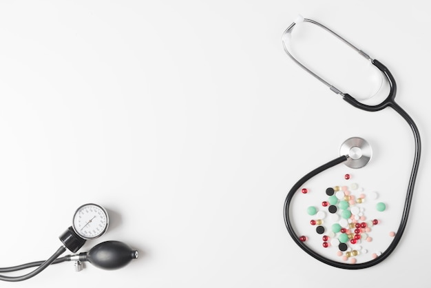 Stethoscope and colorful pills
