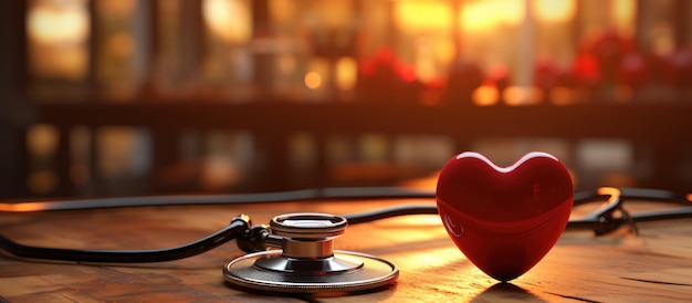 Стетоскоп лежит рядом с символическим красным сердцем