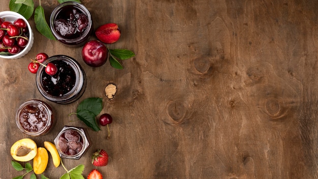 Stewed fruit jars arrangement flat lay