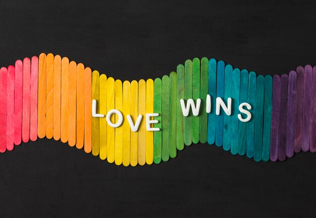 Sticks in bright LGBT colors and love wins words