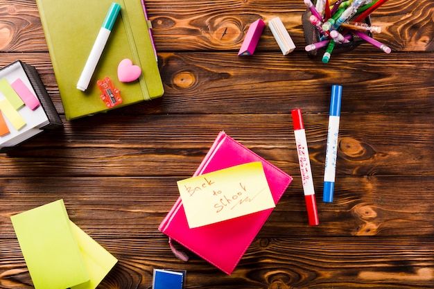 Sticky note with writing among stationery