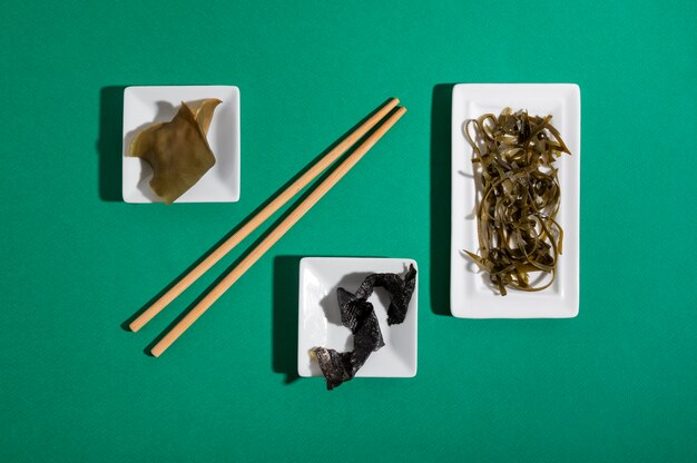 Still life of algae and moss on plate