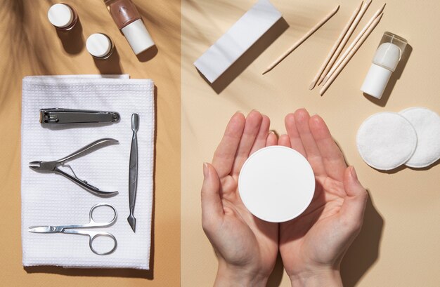 Still life arrangement of nail care products