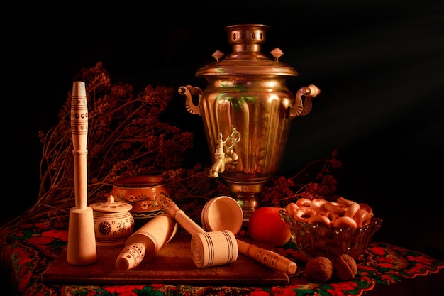 Still life art photography concept with antique samovar