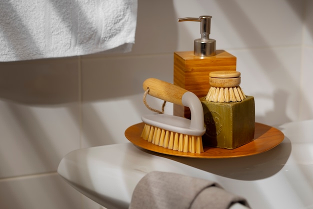 Still life of bathroom cleaning products