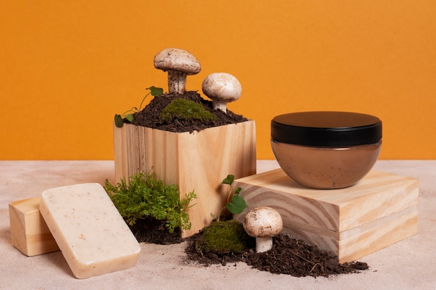 Still life of beauty products based on regenerative agriculture