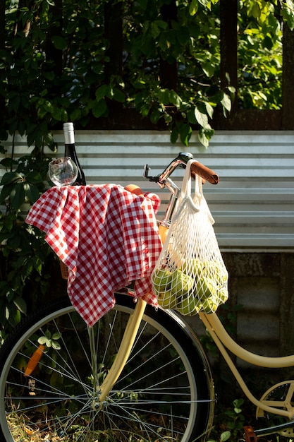 Still life of bicycle basket