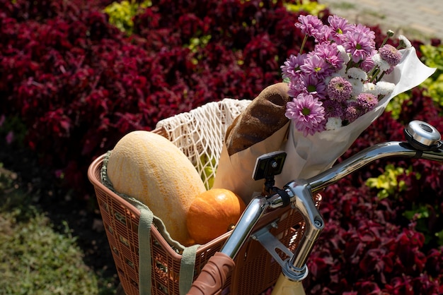 Still life of bicycle basket