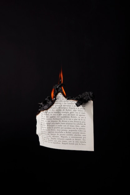 Still life of burnt paper with flames