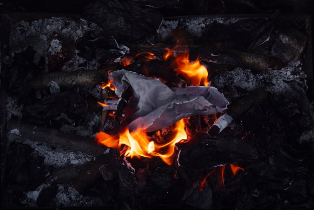 Still life of burnt paper with flames