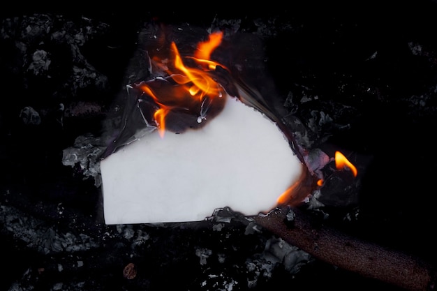 Still life of burnt paper with flames