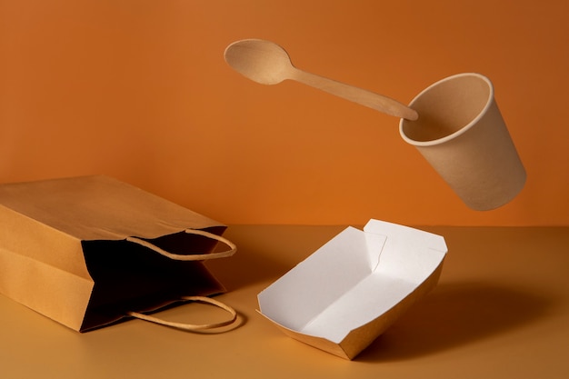 Still life of cardboard organic dinnerware