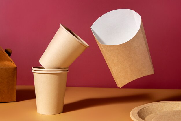 Still life of cardboard organic dinnerware