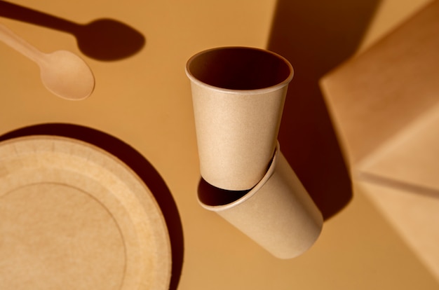 Still life of cardboard organic dinnerware