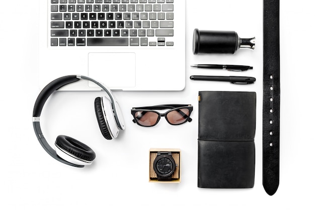 Still life of casual man. Modern male accessories and laptop on white