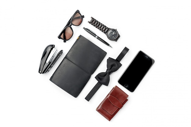 Still life of casual man. Modern male accessories on white