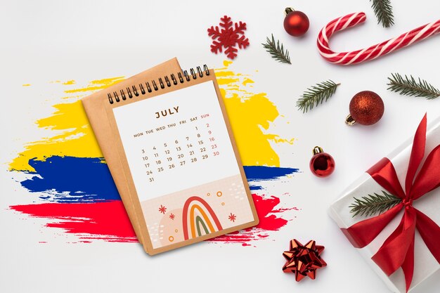 Still life of christmas calendar with colombian flag