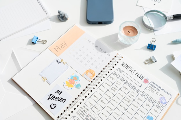 Free photo still life of colorful and overloaded bullet journal