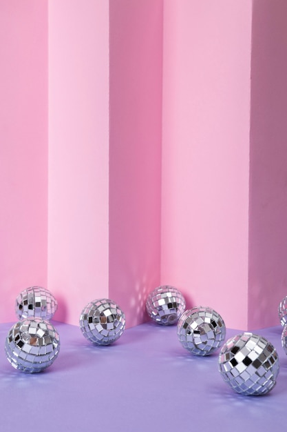 Still life composition of miniature disco balls