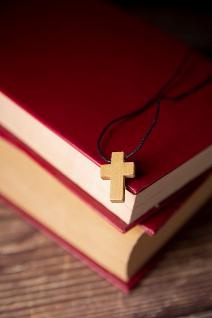 Still life of crucifix with book