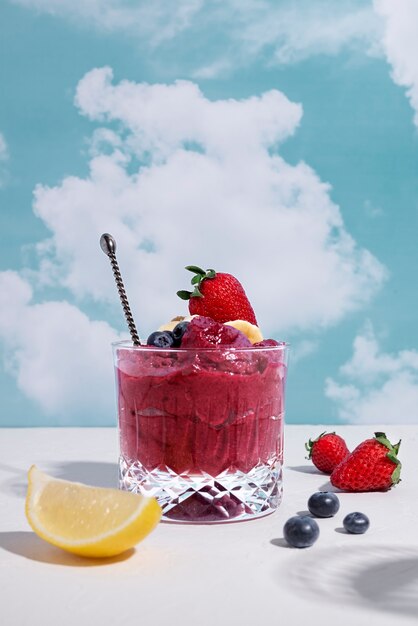 Still life of cup of brazilian acai dessert